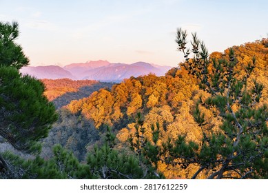 Caucasus Mountains in the rays of the setting sun. View from the Eagle Rocks