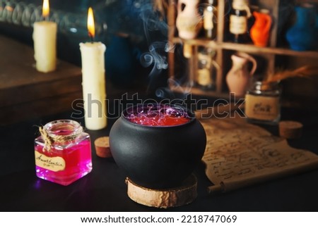 Cauldron of boiling rose love potion. Ancient alchemical laboratory with various flasks. Wooden rack with bottles and potions.