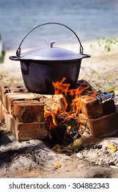 The Cauldron On The Fire Summer Riverside The Food At The Stake