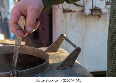 Cauldron With Soldier Food, Cooking. Field Kitchen.