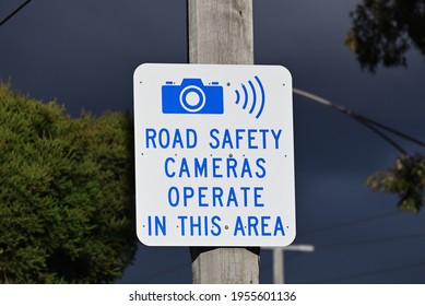 Caulfield South, Victoria, Australia - April 14 2021: A Victorian Government Road Safety Camera Sign, Indicating Speed Or Red Light Cameras Currently Operate In The Area