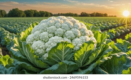 Cauliflower growing field close view