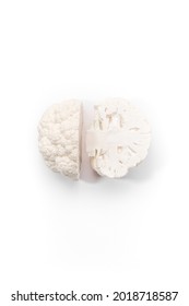 Cauliflower Isolated On White Background. Creative Design Of Cabbage Cut In A Half, Looks Like Human Brain. Minimal, All White, Monochrome Style. Fresh, Ripe Organic Cabbage Head. Vertical, Copy Space