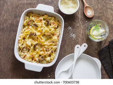 Cauliflower Mac And Cheese On The Brown Wooden Table, Top View   