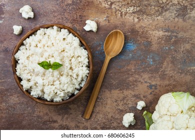 Cauliflower Rice In A Bowl. Top View, Overhead, Copy Space 