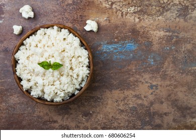 Cauliflower Rice In A Bowl. Top View, Overhead, Copy Space 