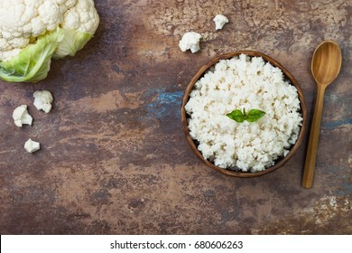 Cauliflower Rice In A Bowl. Top View, Overhead, Copy Space 