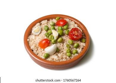 Cauliflower Rice With Peas, Cherry Tomatoes And Quail Eggs In A Bowl Isolated On White Background.