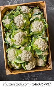 Cauliflower In A Wooden Box. View From Above.