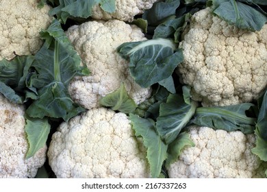 Cauliflowers Closeup At Outdoor Market Stalll. Sao Paulo City, Brazil