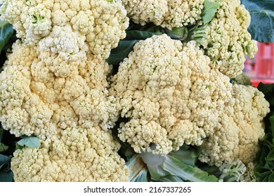 Cauliflowers Closeup At Outdoor Market Stalll. Sao Paulo City, Brazil