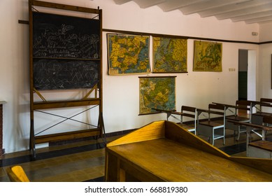 Caunedo - Asturias - Spain. June 23th, 2017: Old School Classroom With Antique Maps In The Walls