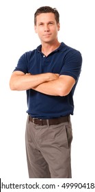 Causal Business Male Man Businessman In Blue Polo Shirt With Arms Crossed Isolated On White Background