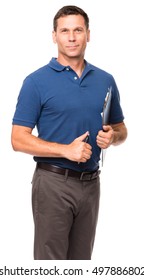 Causal Dress Male Businessman In Blue Polo Shirt With Clipboard Isolated On White Background