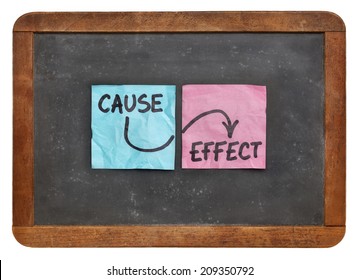 Cause And Effect Concept - Colorful Sticky Notes On A Vintage Slate Blackboard  Isolated On White