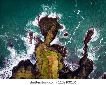 Causeway Coast Near Giant's Causeway Without Tourists Aerial View Of Waves And Basalt Rocks.