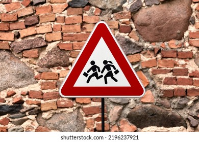 Caution Children Crossing Road Sign Post Mounted