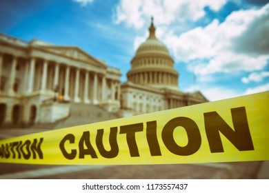 Caution tape running across the front of the US Capitol Building in Washington DC