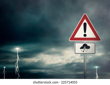 Caution - Thunderstorms Ahead - A dark cloudy sky with lightning bolts and a warning sign in the foreground - computer generated image
