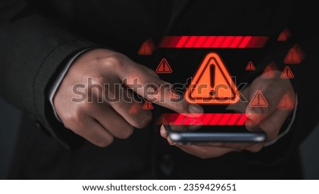 Caution triangle warning sign displayed on a laptop screen, with a businessman or IT staff  programmer, developer using the computer to address a notification, error 404 problem concept