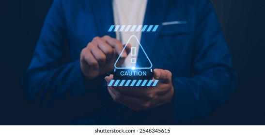 Caution warning sign indicates a potential error danger in the digital technology system. Symbol exclamation, system failure or trouble. Notice important website maintenance and available on internet