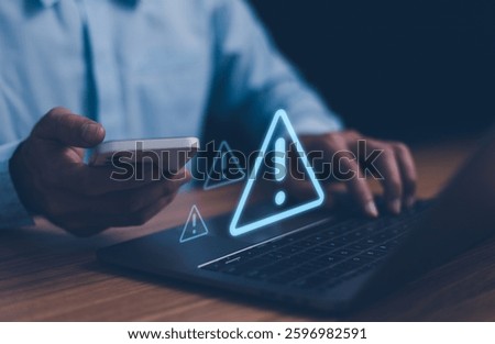 Caution warning sign indicates a potential error danger in the digital technology system. Symbol exclamation, system failure or trouble. Notice important website maintenance and available on internet