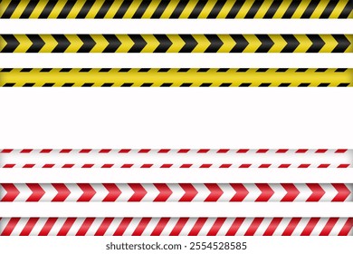 Caution warning tapes. Danger tapes with diagonal yellow-black and white-red strips for construction, crime scene or danger zone. Warning ribbons isolated on white background. Realistic vector. - Powered by Shutterstock - Get 15% off with code: PIKWIZARD15