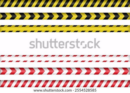 Caution warning tapes. Danger tapes with diagonal yellow-black and white-red strips for construction, crime scene or danger zone. Warning ribbons isolated on white background. Realistic vector.