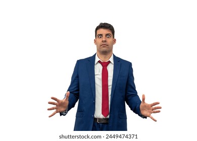 cautious expression of a businessman as he extends his palms forward, displaying a stance of rejection and apprehension towards what lies ahead. he embodies caution and resistance white background