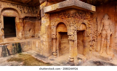 Cave 1 : Lower storey, Tight side of Rani Gumpha, Queen's Cave showing attendant, Udaygiri caves, Bhubaneswar, Odisha, India.
