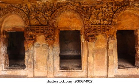 Cave 1 : Rani Gumpha, Queen's Cave. Ramayana scenes carvings on door entrance, Udaygiri caves, Bhubaneswar, Odisha, India.