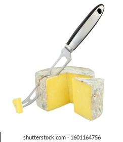 Cave Aged Farmhouse Cheddar Cheese With A Cheese Knife Isolated On A White Background