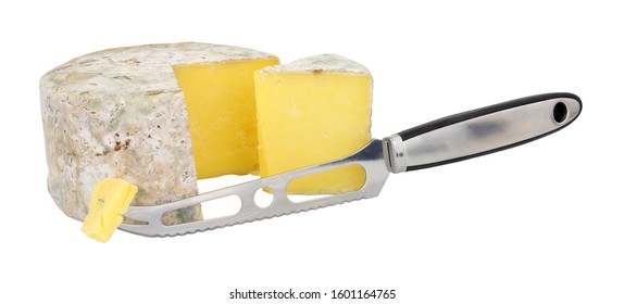 Cave Aged Farmhouse Cheddar Cheese With A Cheese Knife Isolated On A White Background