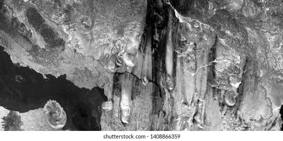 The Cave Of Ali Baba, Allegory, Abstract Naturalism, Black And White Photo, Abstract Photography Of Landscapes Of The Deserts Of Africa From The Air, Aerial View, Contemporary Photographic Art, 