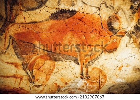 The Cave of Altamira is a cave complex, located near the historic town of Santillana del Mar in Cantabria, Spain. It is renowned for prehistoric parietal cave art featuring charcoal drawings 商業照片 © 