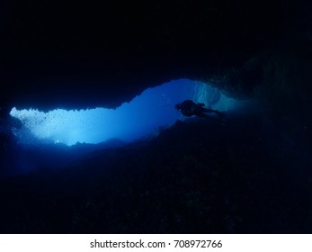 Cave Dive Underwater Blue And Black