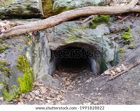 Cave entrance seen from the outside. It's totally dark inside. The rock is covered with lichen.