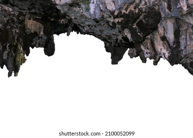 Cave entrance, stalactites rocks, cave mouth stone isolate on white clipping path