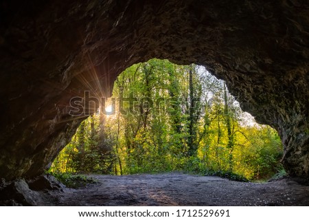 Cave exit or orifice of “Alte Höhle“ that is part of the Perick-System in Hemer-Sundwig Sauerland Germany in an ancient limestone Quarry with Trees backlit by evening sunlight flashing into the dark