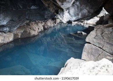 Grjótagjá Cave In Iceland With Crystal Clear Waters.