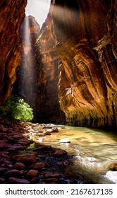 A cave illuminated by sunlight. Sunlight in cave. Mountain cave. Cave in red rock canyon