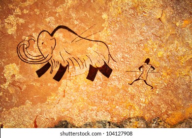 Cave Painting Of Primitive Man Hunting For Mammoth