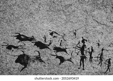 cave painting stone age rock. Cave Drawings  of People, Animals and Tools. Primitive Artworks. hunters with bows arrows  drive horned bulls.  - Shutterstock ID 2052693419