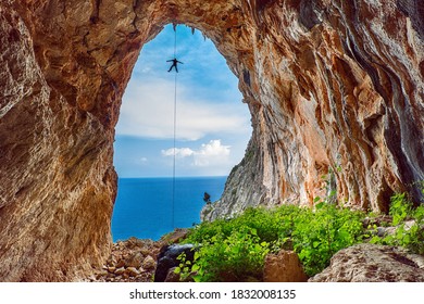 Cave Rappel, Sea At The Background In Rhodes Greece