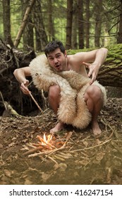 Caveman Produces Fire In The Forest, In The Skin