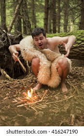 Caveman Produces Fire In The Forest, In The Skin