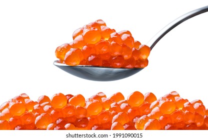Caviar on a spoon. Salmon Red Caviar. Fish eggs. Raw seafood. Luxury delicacy food. White isolated background. Close up photo. Macro food photography. Good for restaurant menu, banner or billboard.