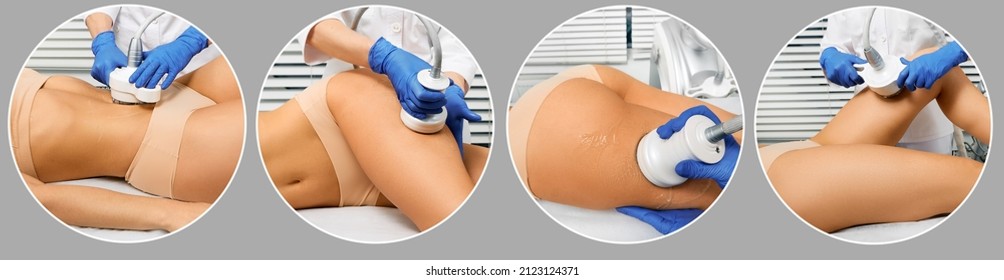 Cavitation of human body in cosmetology, set. Ultrasonic cavitation fat loss procedure removing cellulite on female belly, legs and buttocks for slim body