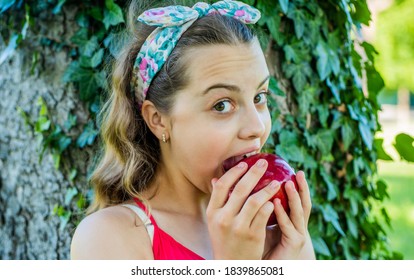 Cavities Dont Scare Me. Small Child Bite Apple In Garden. Healthy Eating Habits. Fruit Snack. Dental Health. Eating And Dieting. Vegetarian Menu. Raw Food. Vitamins And Minerals. Natural Nutrition.