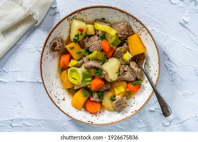 Cawl -  traditional hearty Welsh stew made of lamb with leeks, potatoes, swedes and carrots